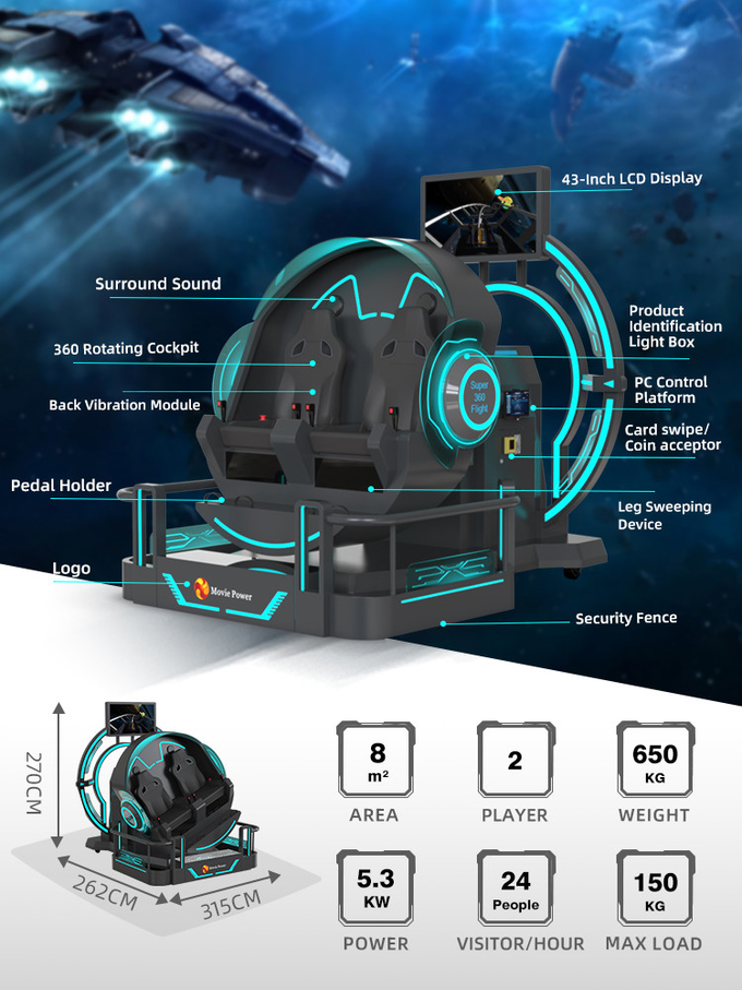 VR 360 2 asientos 9d montaña rusa VR máquinas 360 rotación VR cine 360 grados sillas voladoras simulador 1